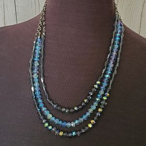 Three strand iridescent bead necklace gunmetal, dark gray, blue